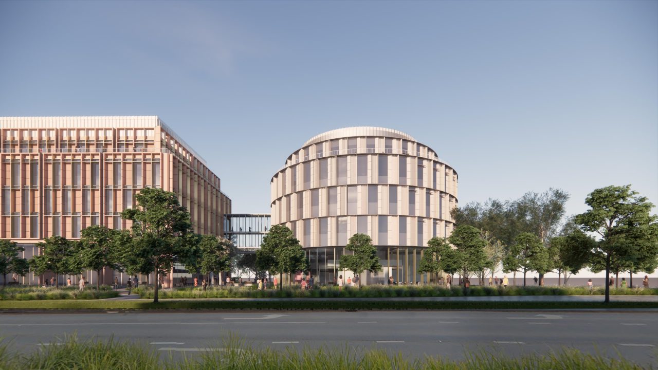 Rendered image of Stage 1 of UNSW Canberra City showing two new buildings