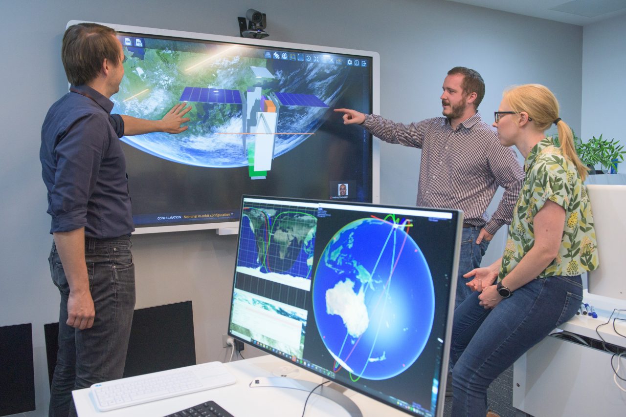 Members of the Australian Cross-Calibration Radiometer (SCR) project plan the design of the satellite during the Phase A study at the Australian National Concurrent Design Facility (ANCDF), UNSW Canberra.