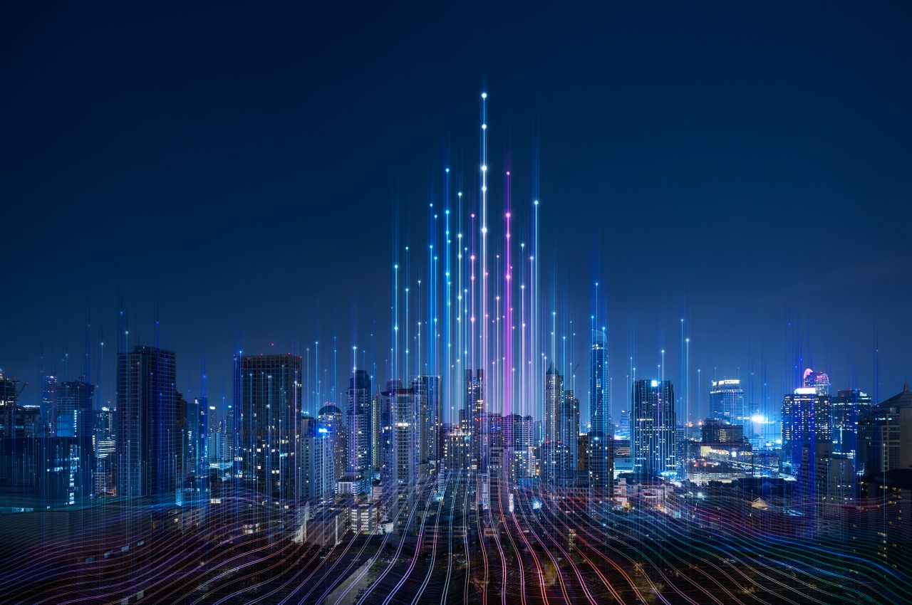 Smart city and abstract dot point connect with gradient line and aesthetic Intricate wave line design , big data connection technology concept .