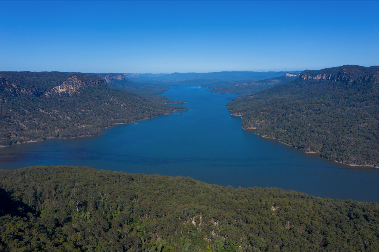 Aerial view of Lake Burragorang fresh water reservoir in New South Wales in Australia