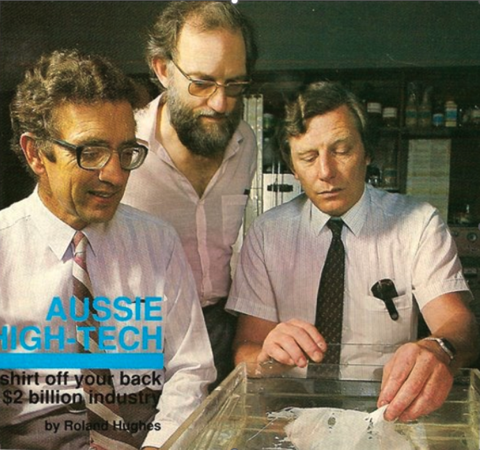 Making a Nylon membrane (1983).​ L to R.​ Prof. Tony Fane​, Prof Hans Coster​, Prof. Chris Fell