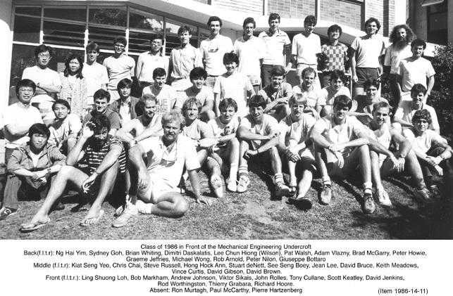 Image shows black and white photo on UNSW of graduating class 1986
