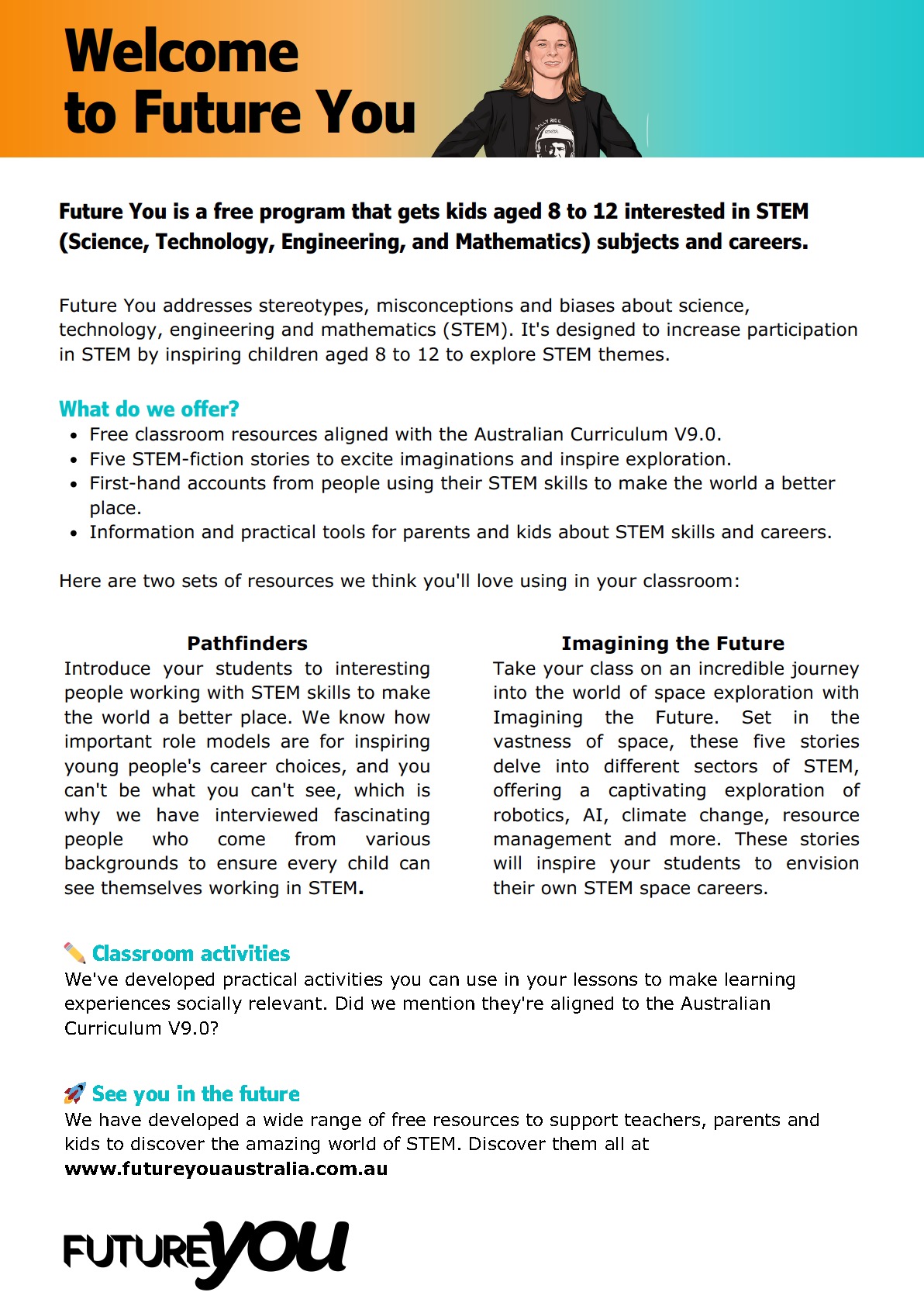Flyer featuring a personal story and career details of an astronomer. The top section includes a detailed paragraph describing the person’s educational journey: starting A-levels at Braintree College, studying physics and astronomy at the University of Newcastle, completing a Ph.D. at the University of Manchester, working in the Netherlands on powerful telescopes, and later moving to Sydney to help build the Square Kilometre Array. Mentions writing books and papers and being a Women in STEM Ambassador.