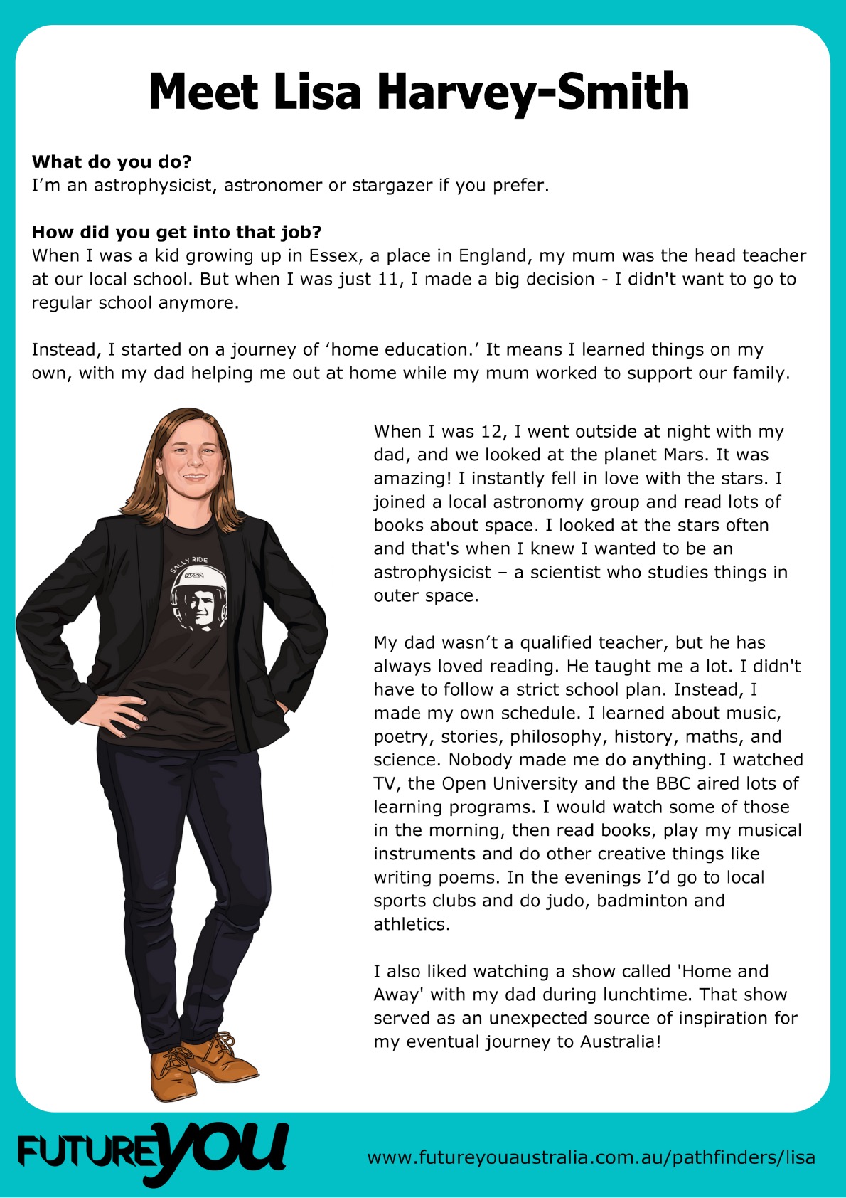 Poster titled “Meet Lisa Harvey-Smith” introducing an astrophysicist. The flyer includes:  What do you do? Astrophysicist, astronomer, or stargazer. How did you get into that job? A personal story about choosing home education at age 11 instead of regular school, learning independently with help from family, and developing an interest in astronomy after viewing Mars at age 12. Mentions joining a local astronomy group, reading books, and watching educational TV programs like the BBC and Open University. Also describes hobbies such as writing poetry, stories, and philosophy, and activities like judo and athletics. Notes inspiration from a TV show called Home and Away during lunchtime.  The bottom section includes the Future You logo and website www.futureyouaustralia.com.au/pathfinders/lisa.