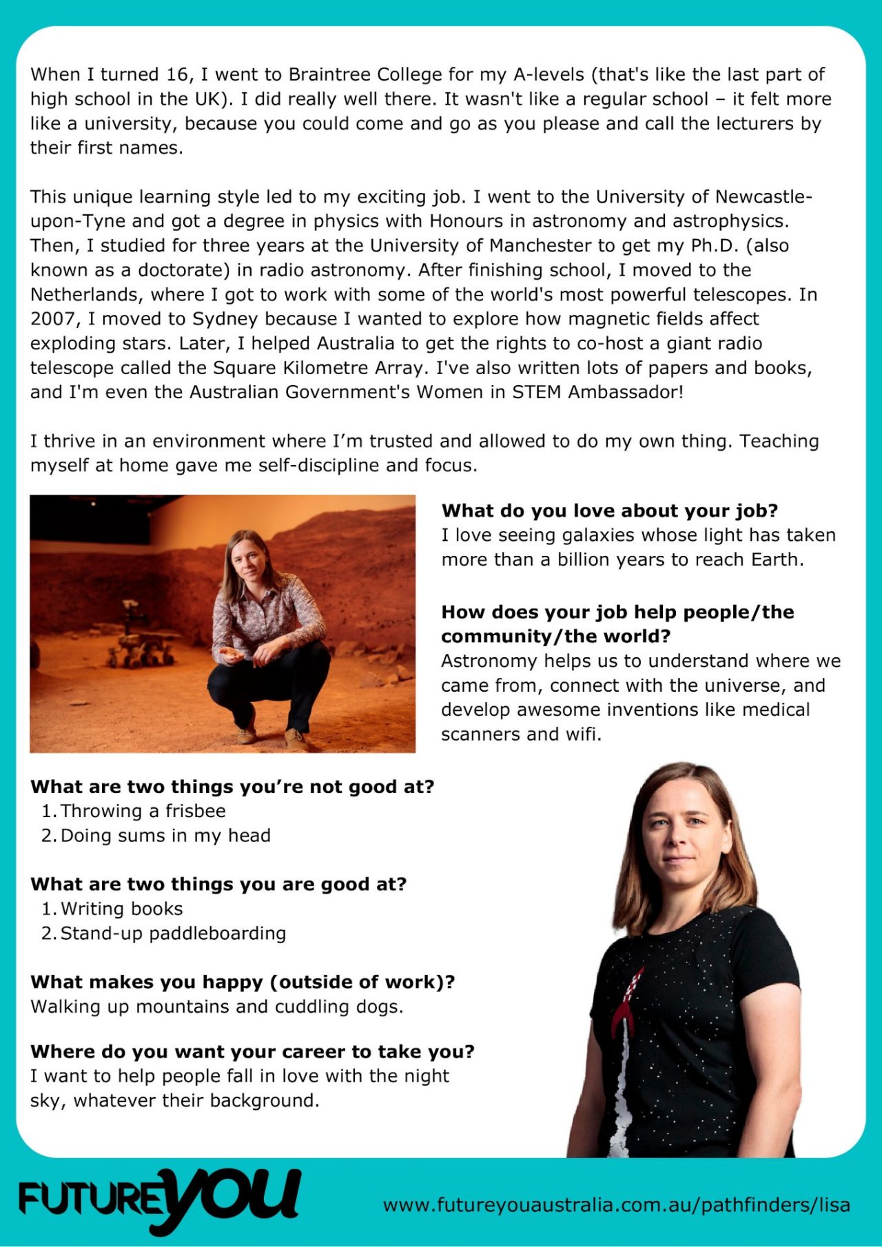 Flyer featuring a personal story and career details of an astronomer. The top section includes a detailed paragraph describing the person’s educational journey: starting A-levels at Braintree College, studying physics and astronomy at the University of Newcastle, completing a Ph.D. at the University of Manchester, working in the Netherlands on powerful telescopes, and later moving to Sydney to help build the Square Kilometre Array. Mentions writing books and papers and being a Women in STEM Ambassador.