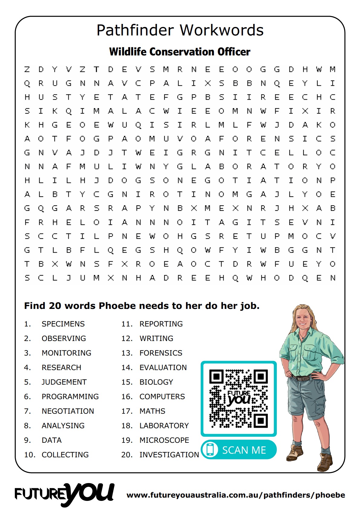 Word search puzzle titled ‘Pathfinder Workwords’ for wildlife conservation officer with 20 related terms and QR code.