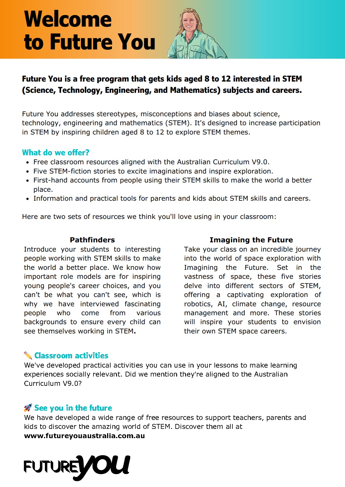 Flyer titled ‘Welcome to Future You’ promoting a free STEM program for kids aged 8–12 with resources and activities.