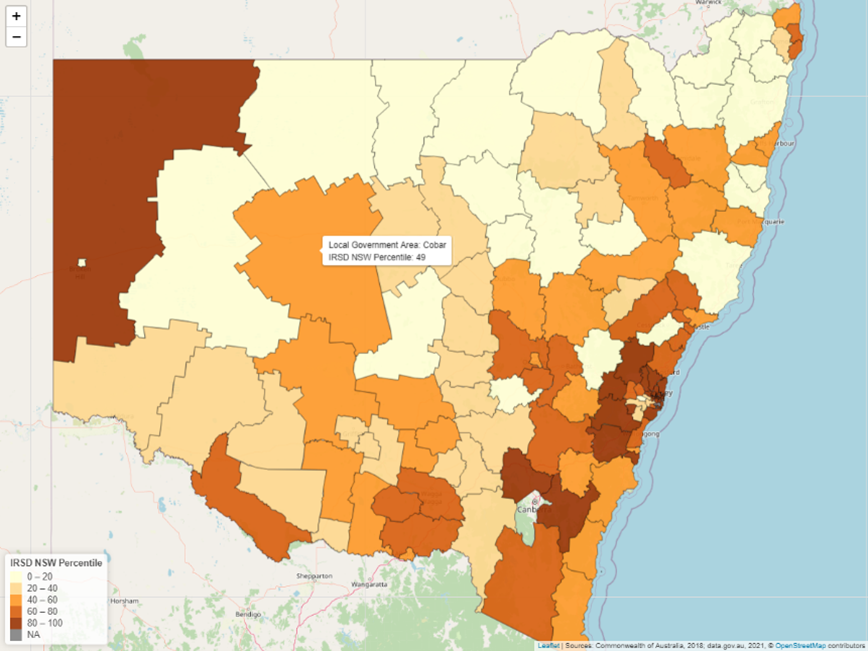 1 Sample map of LGA - IRSD NSW Percentile © OpenStreetMap contributors