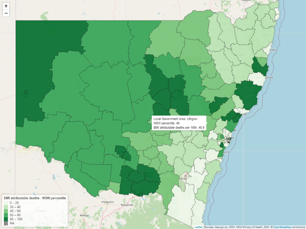 2 Sample map LGA BMI attributable deaths NSW percentile © OpenStreetMap contributors