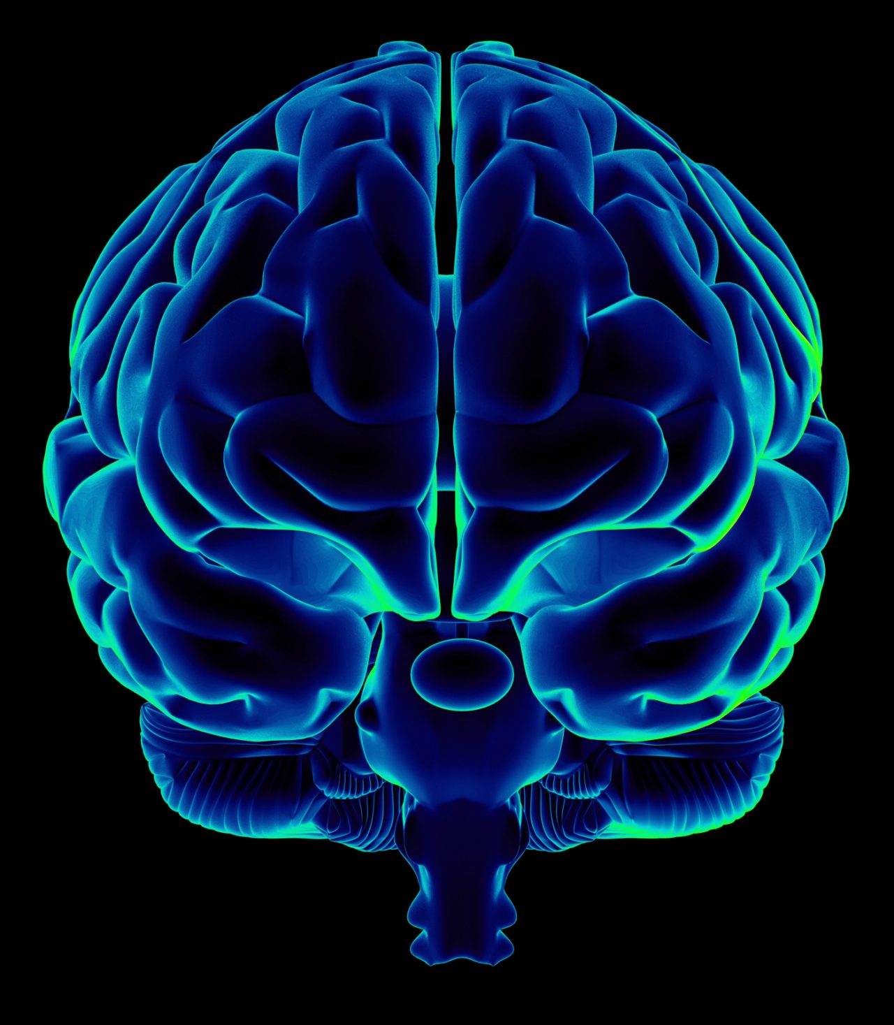 Human brain on front view and isolated on black background, great to be used in medicine works and health.
