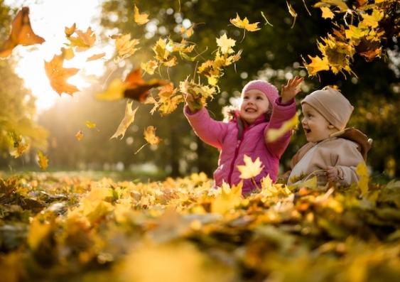two children playing in leaves on ground
