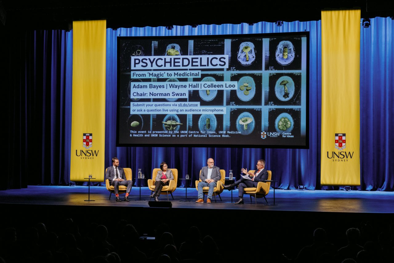 The panel on stage for the Psychedelics event, hosted as part of National Science Week 2023