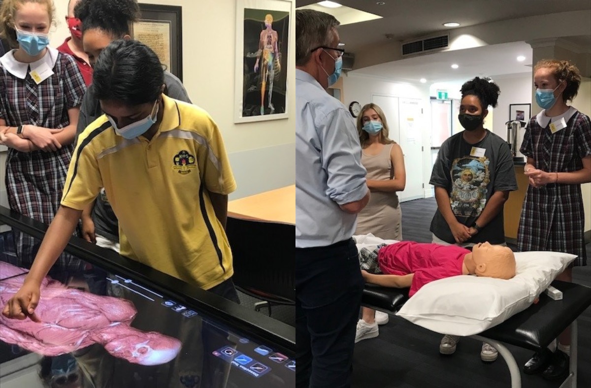 Photo of high school students from the Riverina region visiting the UNSW Wagga Wagga campus to learn basic clinical skills