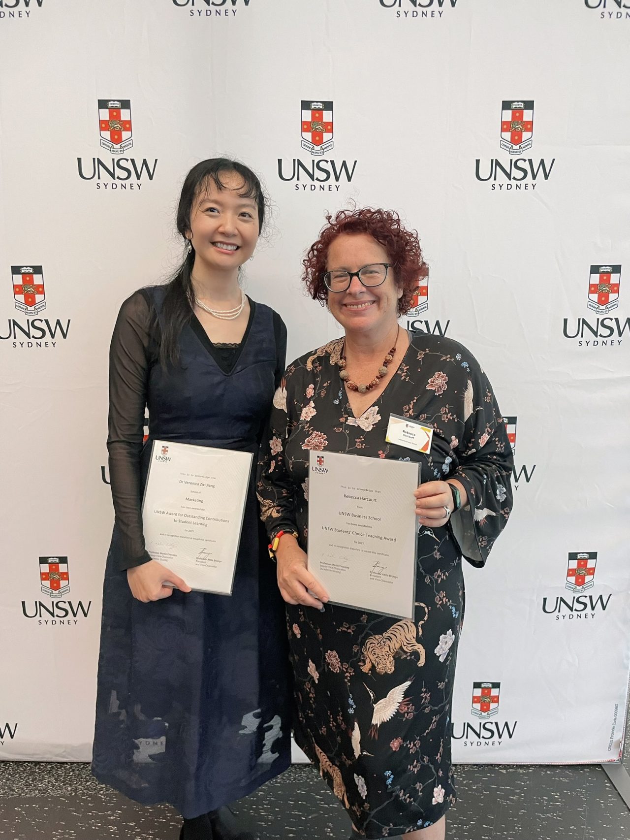 Left: Dr Veronica Jiang, School of Marketing, received the UNSW Award for Outstanding Contributions to Student Learning. Right: •	Rebecca Harcourt, Program Manager Indigenous Business, who received the UNSW Students' Choice Teaching Award.