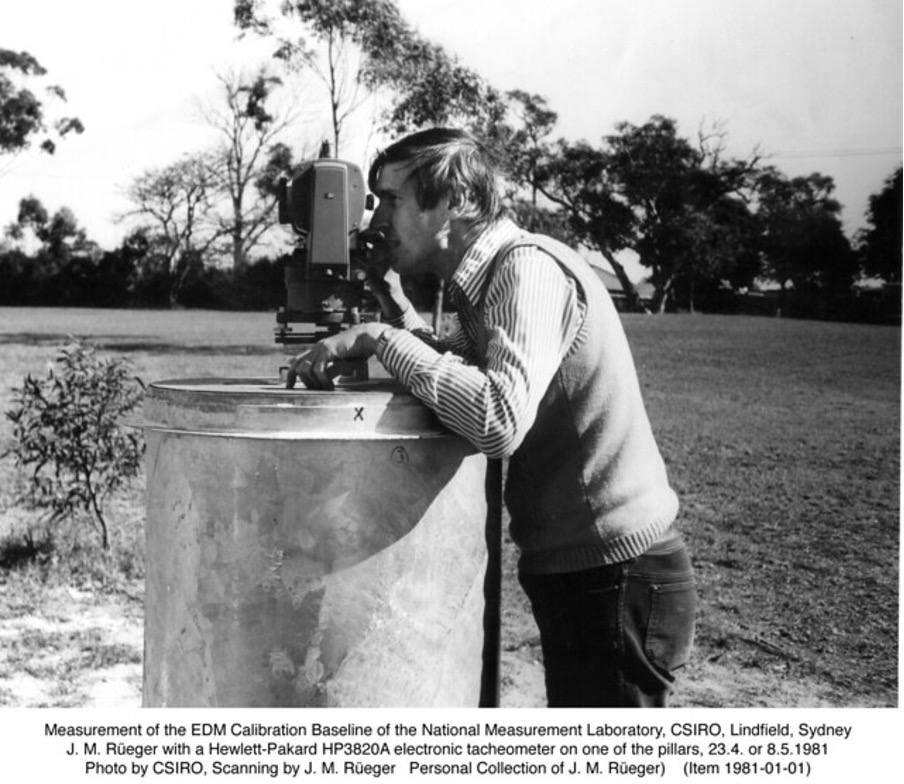 Measurement of the EDM Calibration Baseline of the National Measurement Laboratory, CSIRO, Linfield, Sydney. J. M. Rueger with a Hewlett-Packard HP3820A electronic tacheometer on one of the pillars