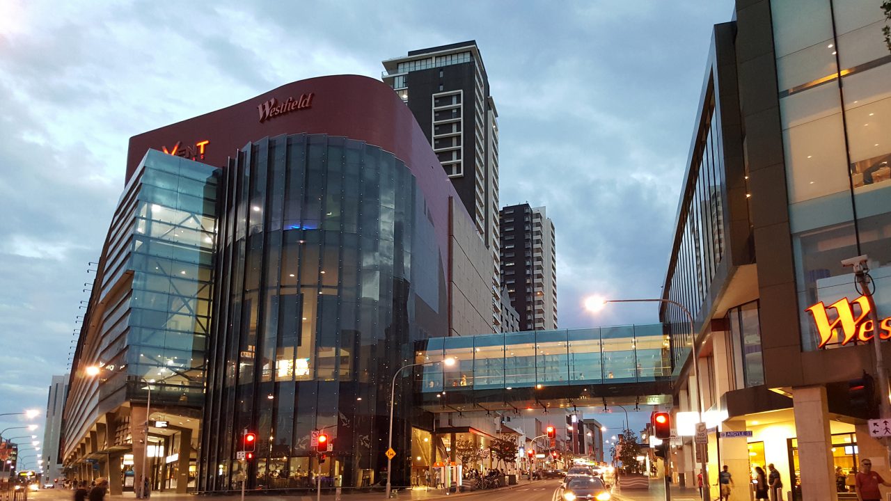 Evening view of the Westfield Parramatta mall