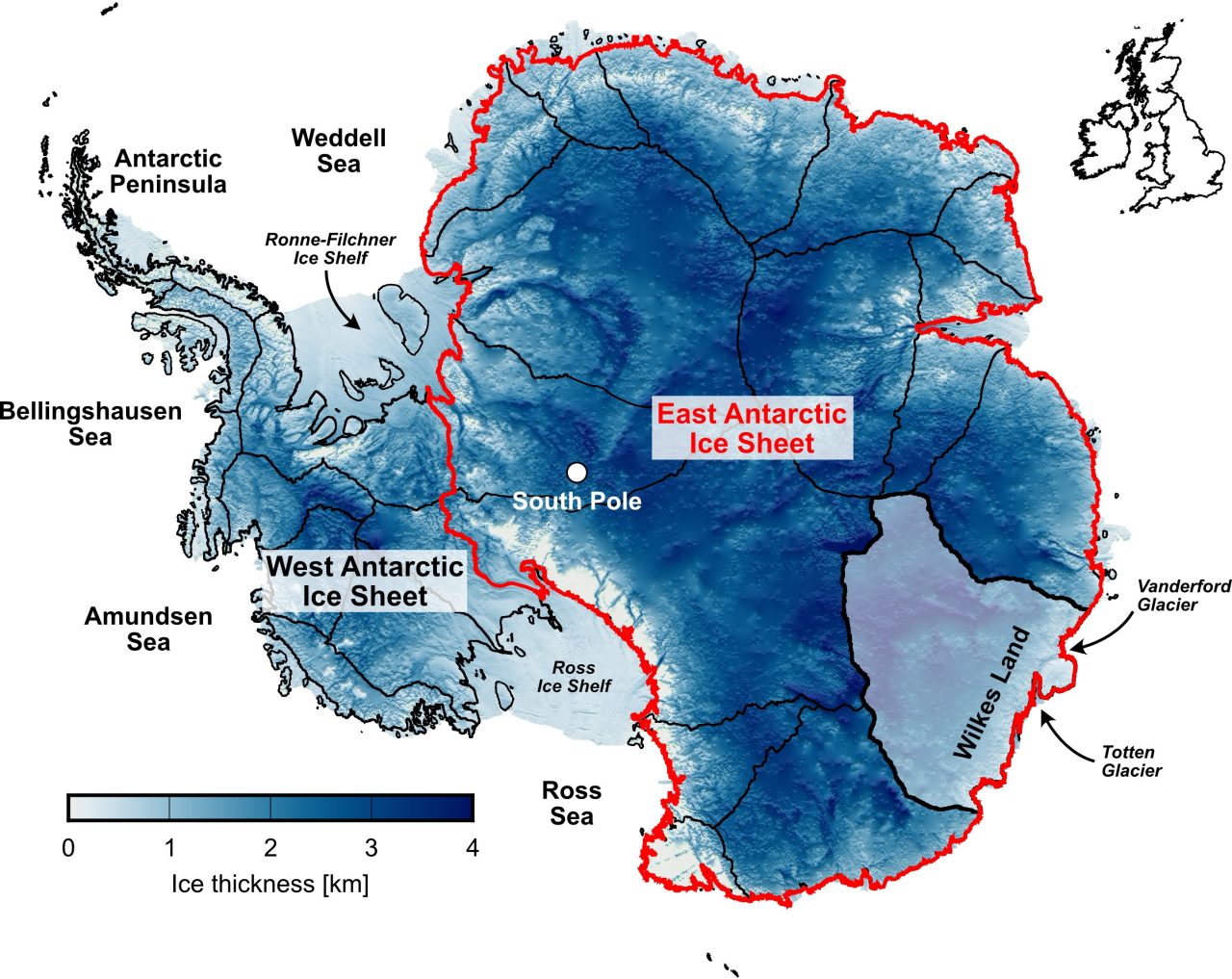 A map of East Antarctica showing the relative ice thicknesses.