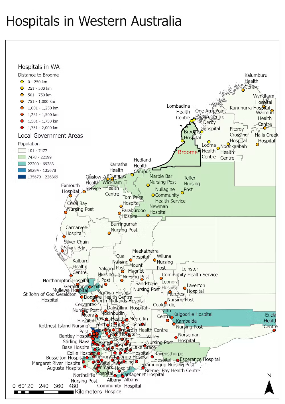 Hospital in Western Australia on a map. Most major hospitals are near Perth, which is about 2,000 kilometres from Broome. 