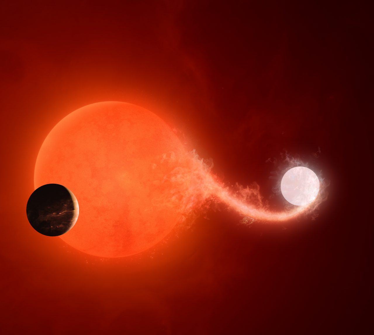 Artist's interpretation of the planet Halla orbiting two stars, a white dwarf and a red giant, as they undergo a mass transfer.