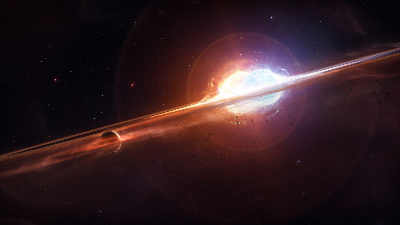 An artist's interpretation of the violent merger between two stars that may have formed the helium-burning giant star Baekdu. The merger produces a debris disk that gave birth to the planet Halla. 