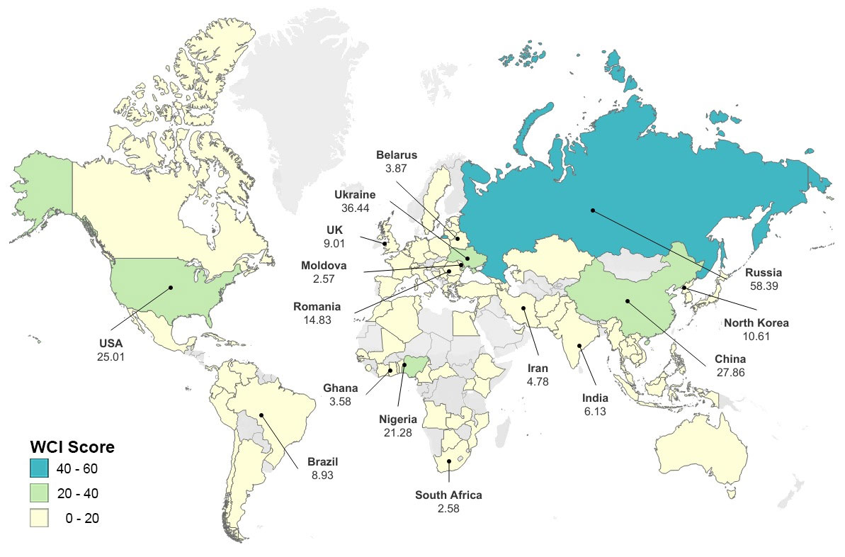 a world map showing cybercrime is concentrated in Russia, Ukraine, China, Nigeria and the United States