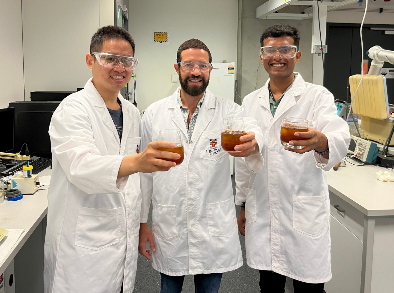 The UNSW team who developed the three-minute cold brew - Shih-Hao Chiu, Dr Francisco Trujillo and Nikunj Naliyadhara. 