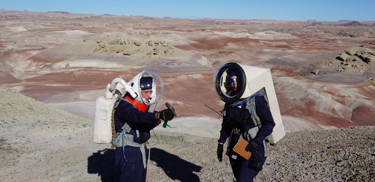 Clare Fletcher and another crew member on an extra-vehicular activity