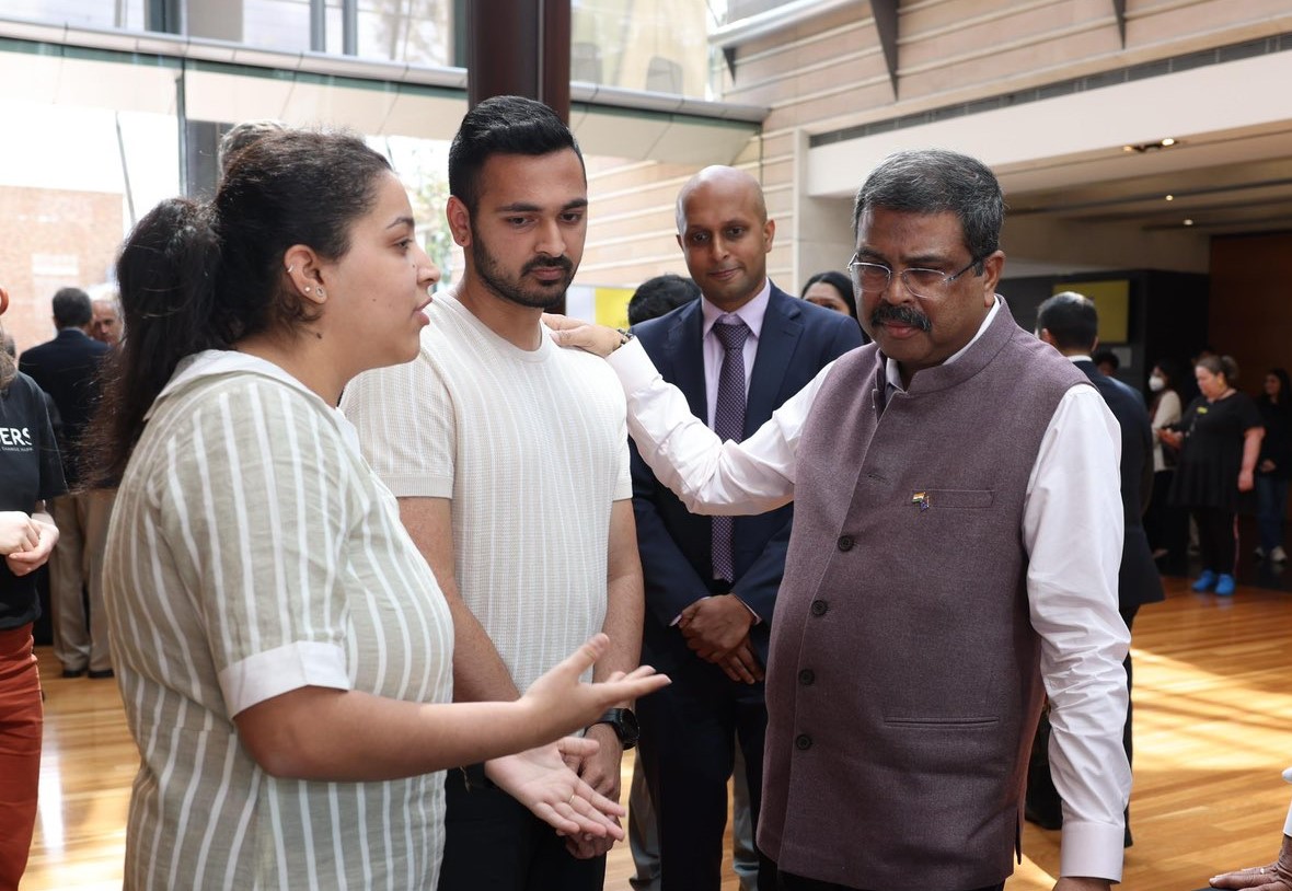 What's On! founder Rushi Vyas with India's Education Minister Dharmendra Pradhan and international student Moli Bagmar Jain at UNSW in 2024