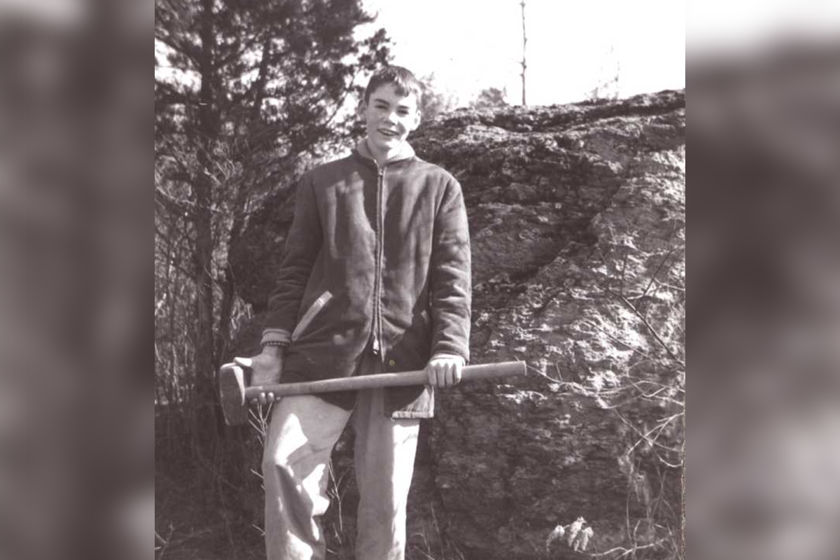A young Mike Archer with the Chemung Devonian boulder near Pine Plains in 1956.