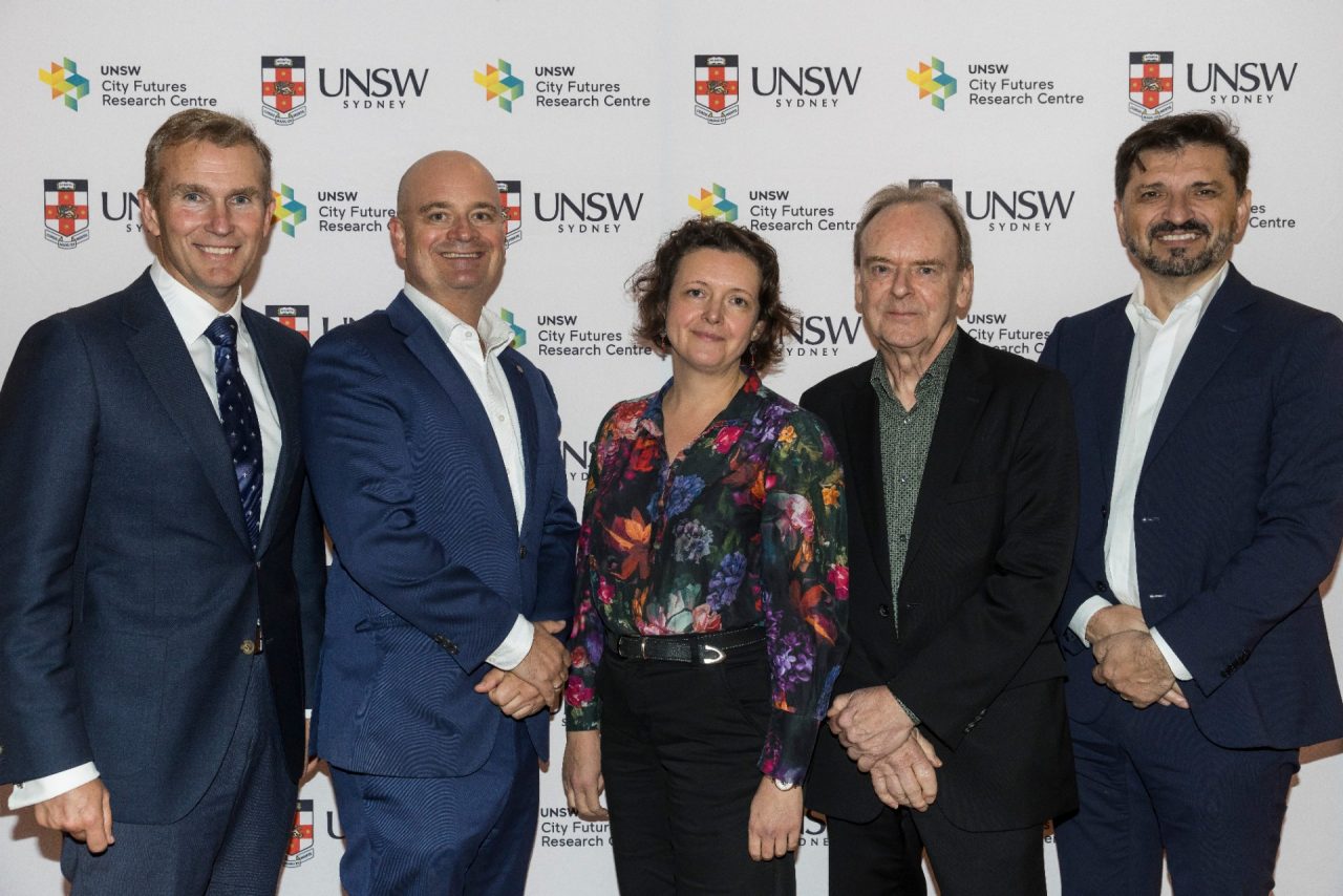 Former New South Wales Minister for Infrastructure, Cities and Active Transport the Hon Rob Stokes, Scientia Professor Chris Pettit, Professor Hazel Easthope, Professor Bill Randolph and Provost Professor Vlado Perkovic