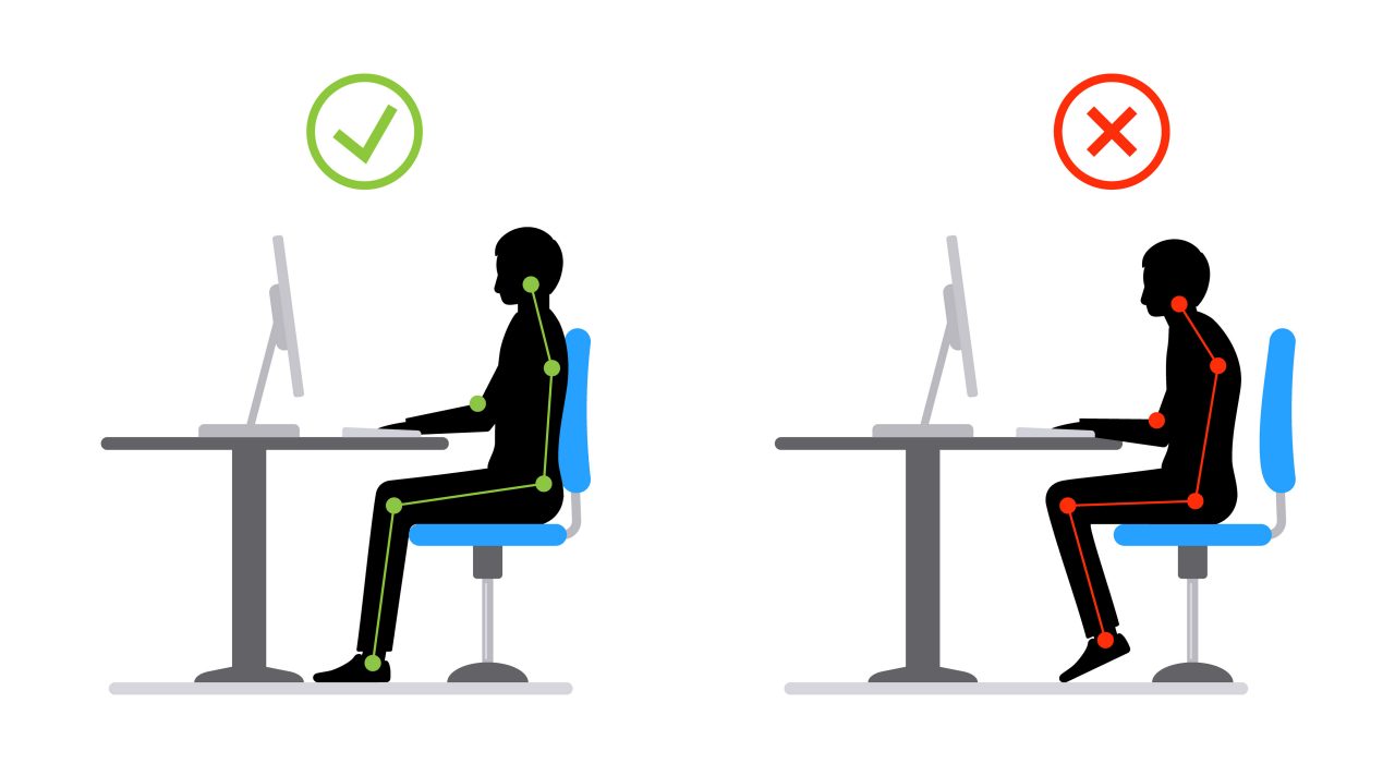 Ergonomic sit correct office chair computer good and wrong body position. Right wrong posture.