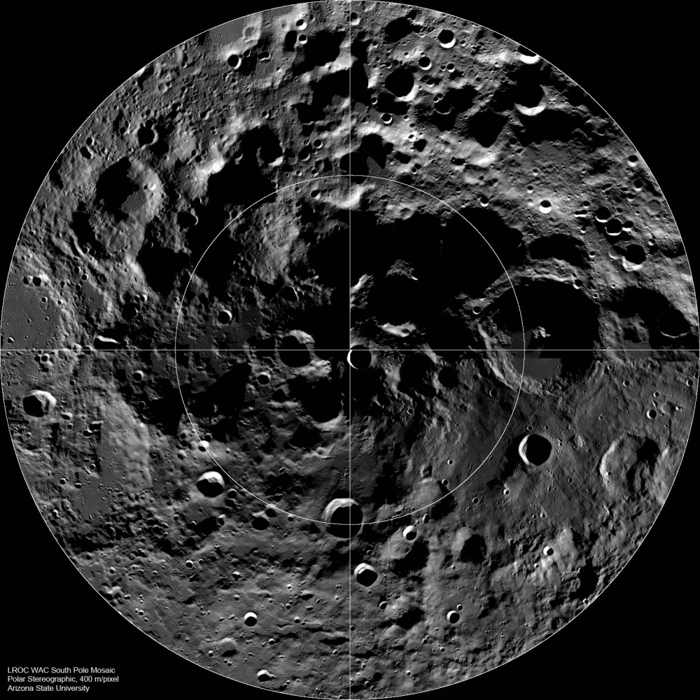 Lunar South Pole, as mapped by the NASA LRO Mission (Photo credit: NASA)