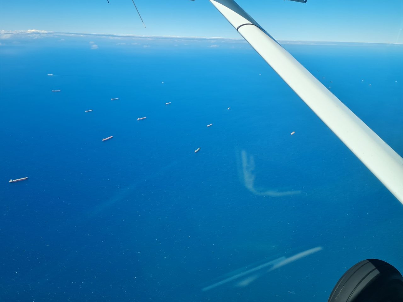 Aerial photo over ocean of over 20 coal and gas ships sailing in lines. Aircraft wing  strut and wheel also in image
