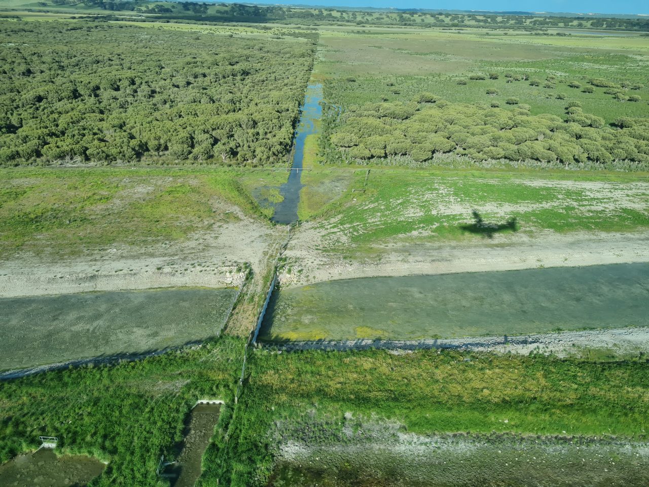 Aerial photo of a rectangular open water channel that has been cut into the land. There are smaller drains flowing into it that bisect a green vegetated landscape on sandy soil