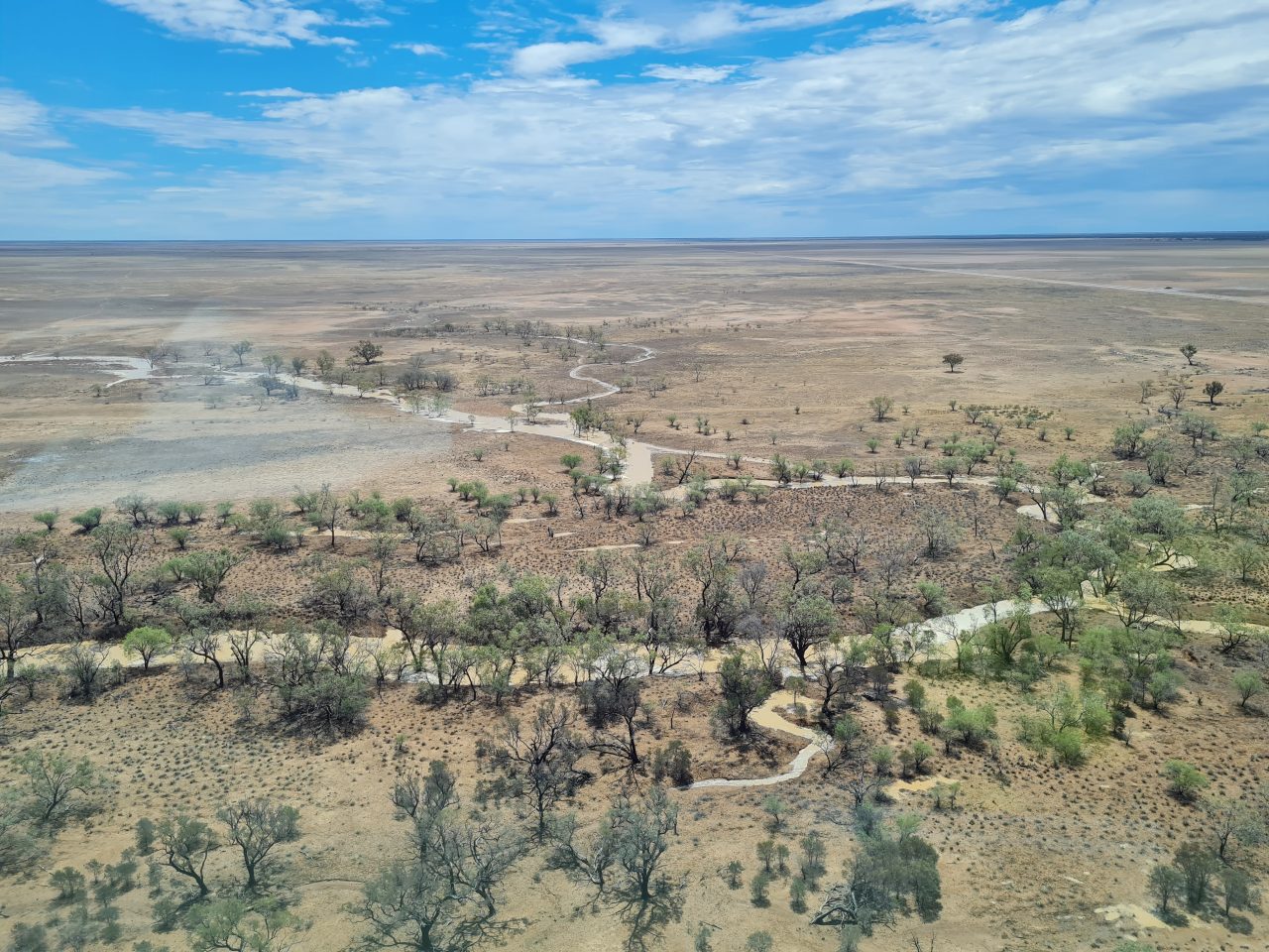 Aerial photo of flash flooded creek in outback Queensland, surrounded by dry floodplain