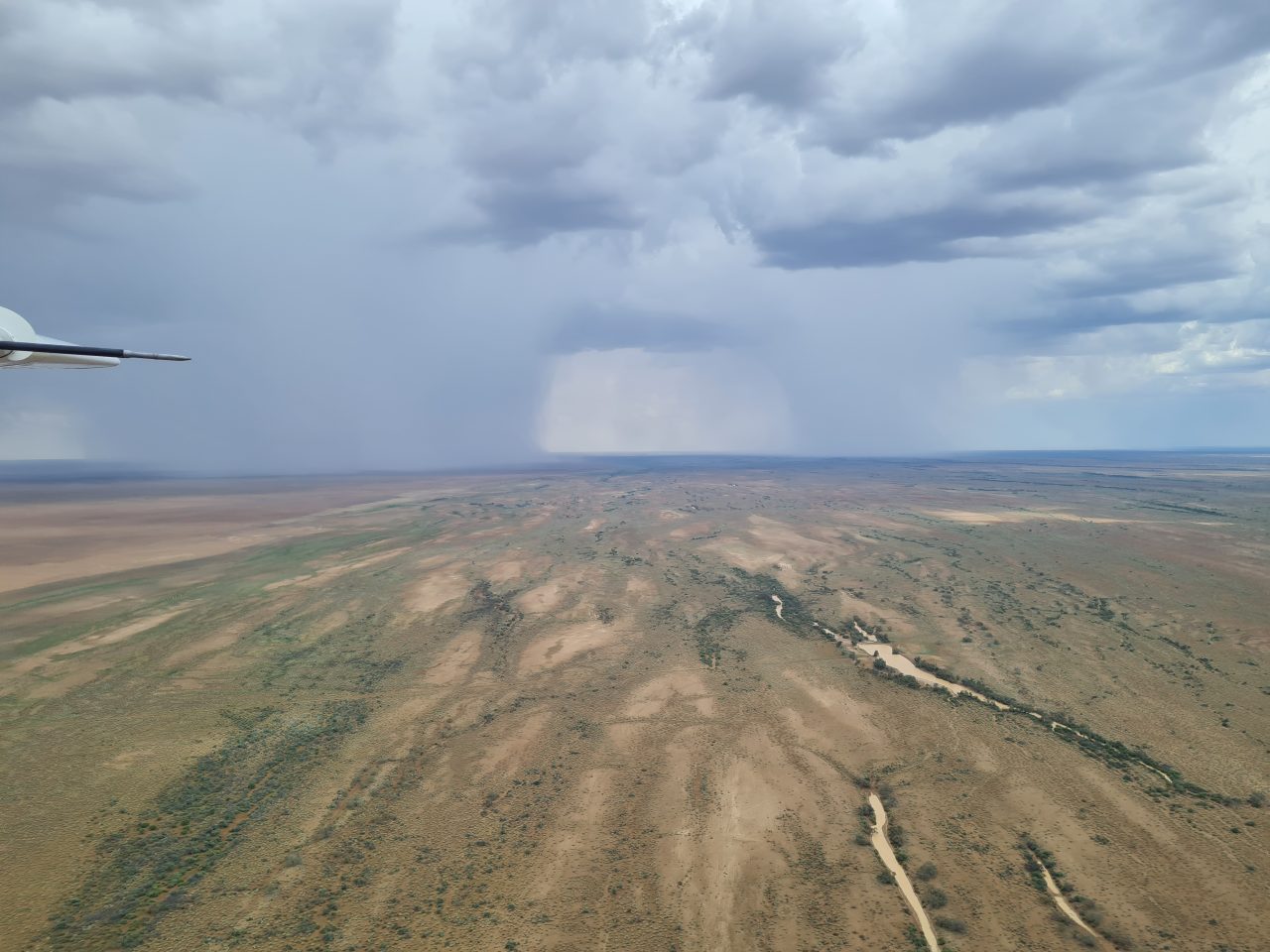 Low level thick grey clouds being connected to the yellow soil of the floodplain below by dense rain in two sections at the horizon and one closer to the middle of the picture. 