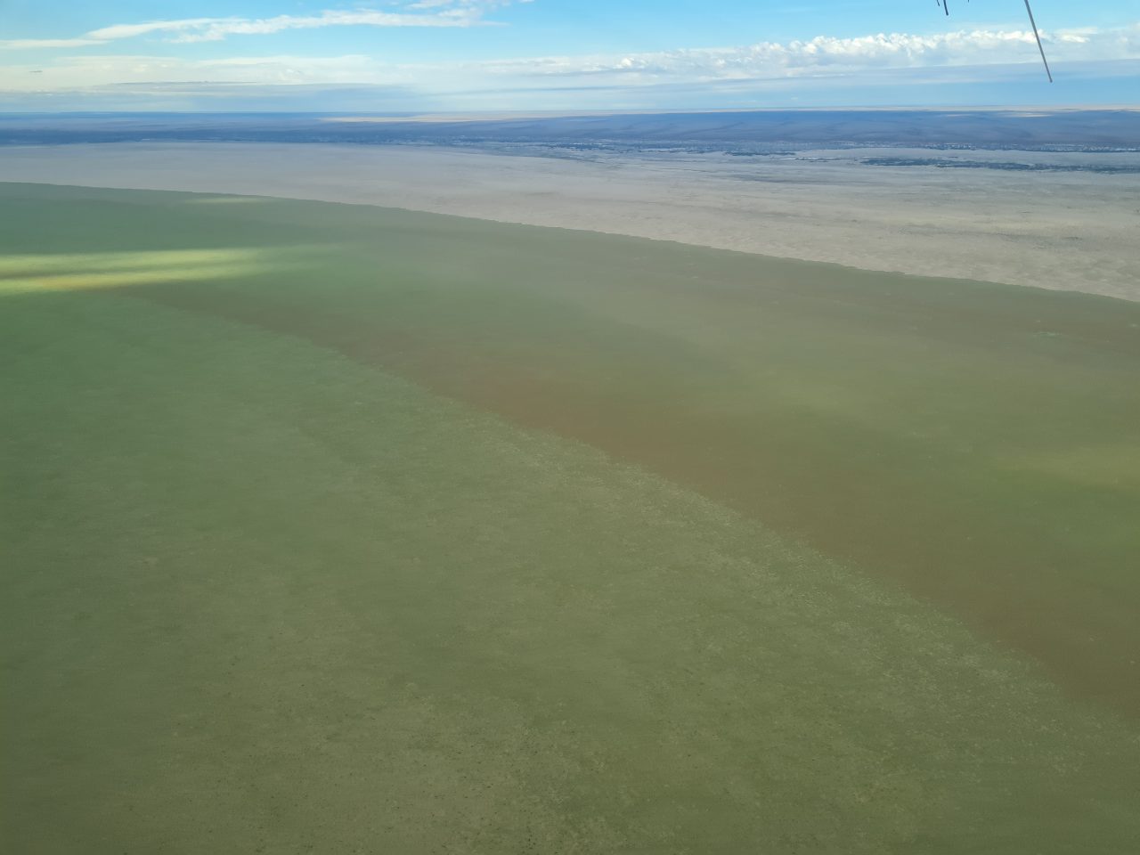 Aerial photo of lake with green water that has passed it's usual high water mark and is spilling out onto surrounding brown floodplain