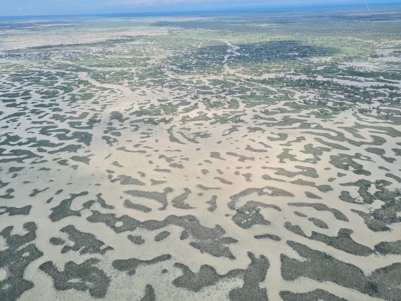 Aerial photo of landscape showing patches of soil where water once pooled due to flooding, making a beautiful pattern with the higher areas that still have vegetation