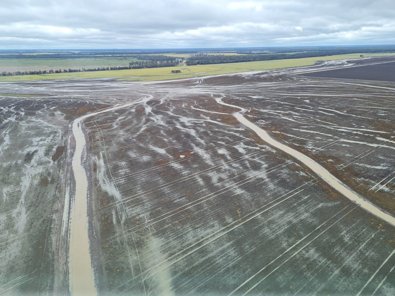 Aerial photo of ploughed cropland that is inundated with water. Two larger channels running through the field have light brown water. In the distance are green fields and patches of trees 