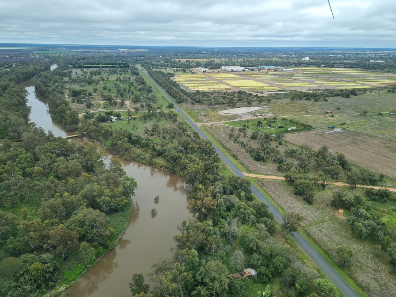 Aerial photo of a river with brown water winding along beside a straight tarred road. Trees line the banks of the river.  In the distance is a large field covered in cotton bales wrapped in yellow neatly lined up.