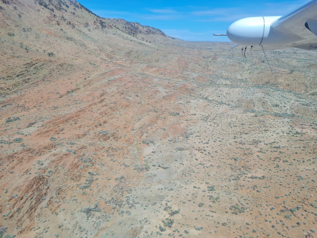 Aerial photo of plane wing passing a mountain protruding from the surrounding flat desert. Soil is orange and sparse vegetation covers the ground. 