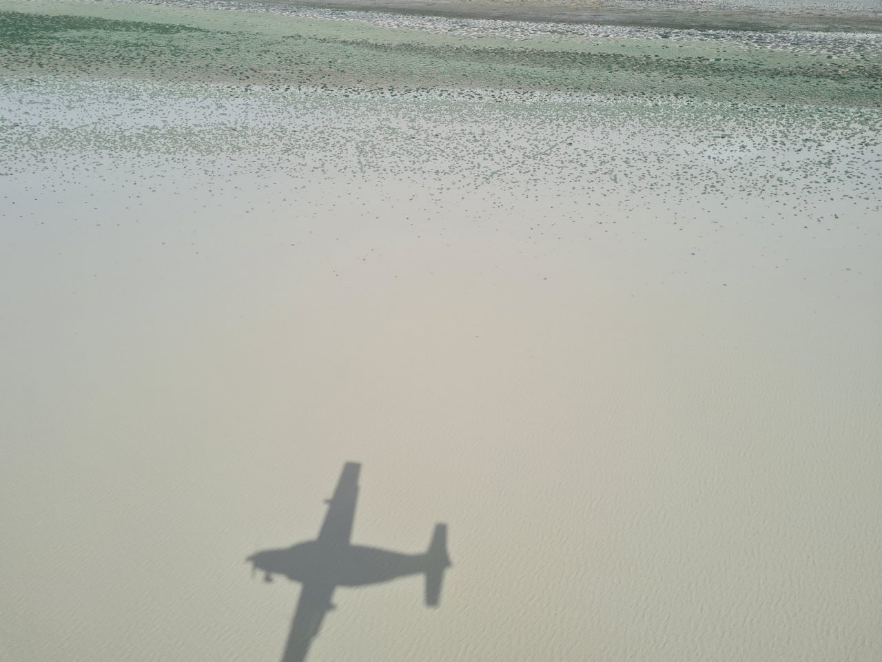 aerial photo of inland desert lake with light brown water. Plane shadow in foreground. 