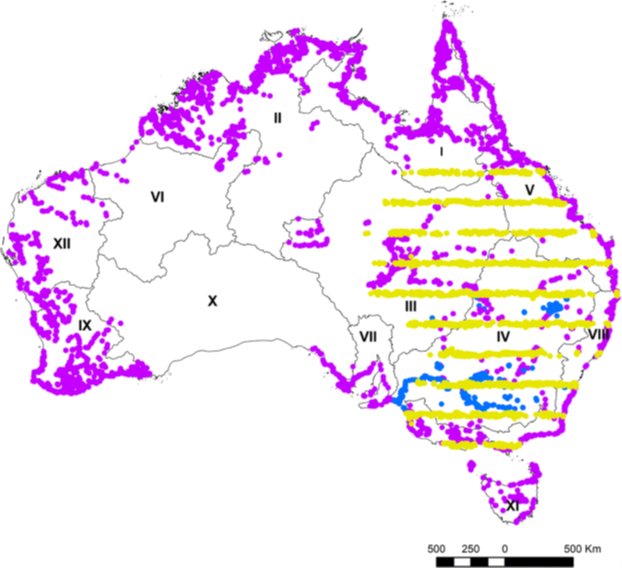 Map of Australia with dots indicating wetland locaitons 