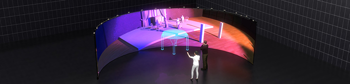 A graphic of the semicircular AVIE with a performance set design prototype. Features a projection of a theatre stage.