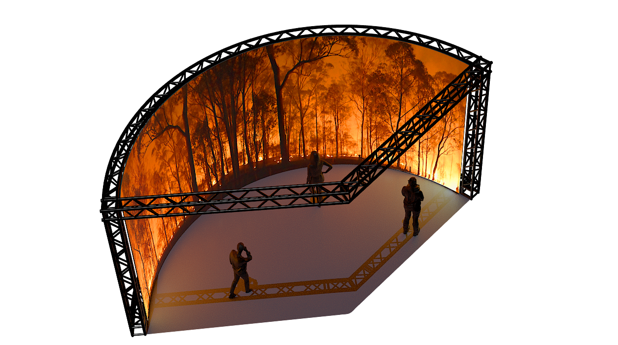 Graphic of the semicicular AVIE system, the 135 degree version with people watching a projection of a bushfire.