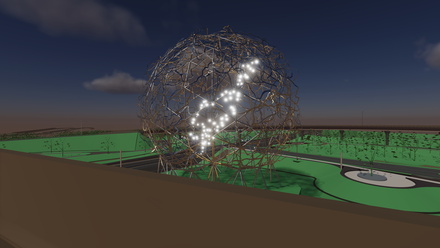 Close up shot of the "GReat Emu in the Sky" installation, where the Emu in the sky is depicted inside a sphere made of branches.