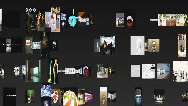iData installation view - a collage of images on a black background.