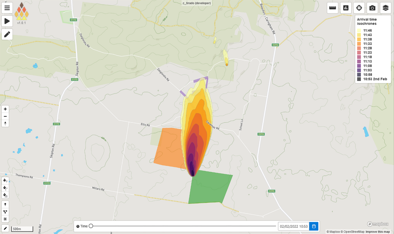 Screenshot of a simulated grasslands fire superimposed on a map