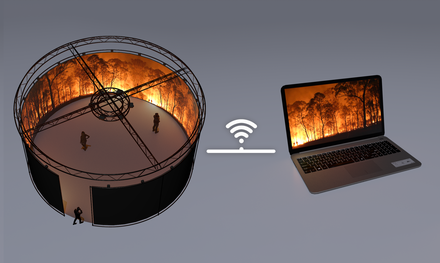 iFire interactively networked across 360-degree 3D Cinema and Laptop