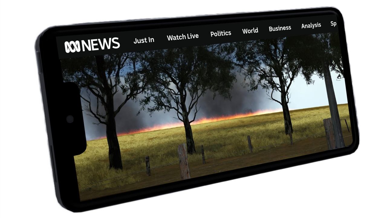 Image of a mobile phone screen displaying an approaching bushfire from the vantage point of a forest edge looking out on a grassy paddock